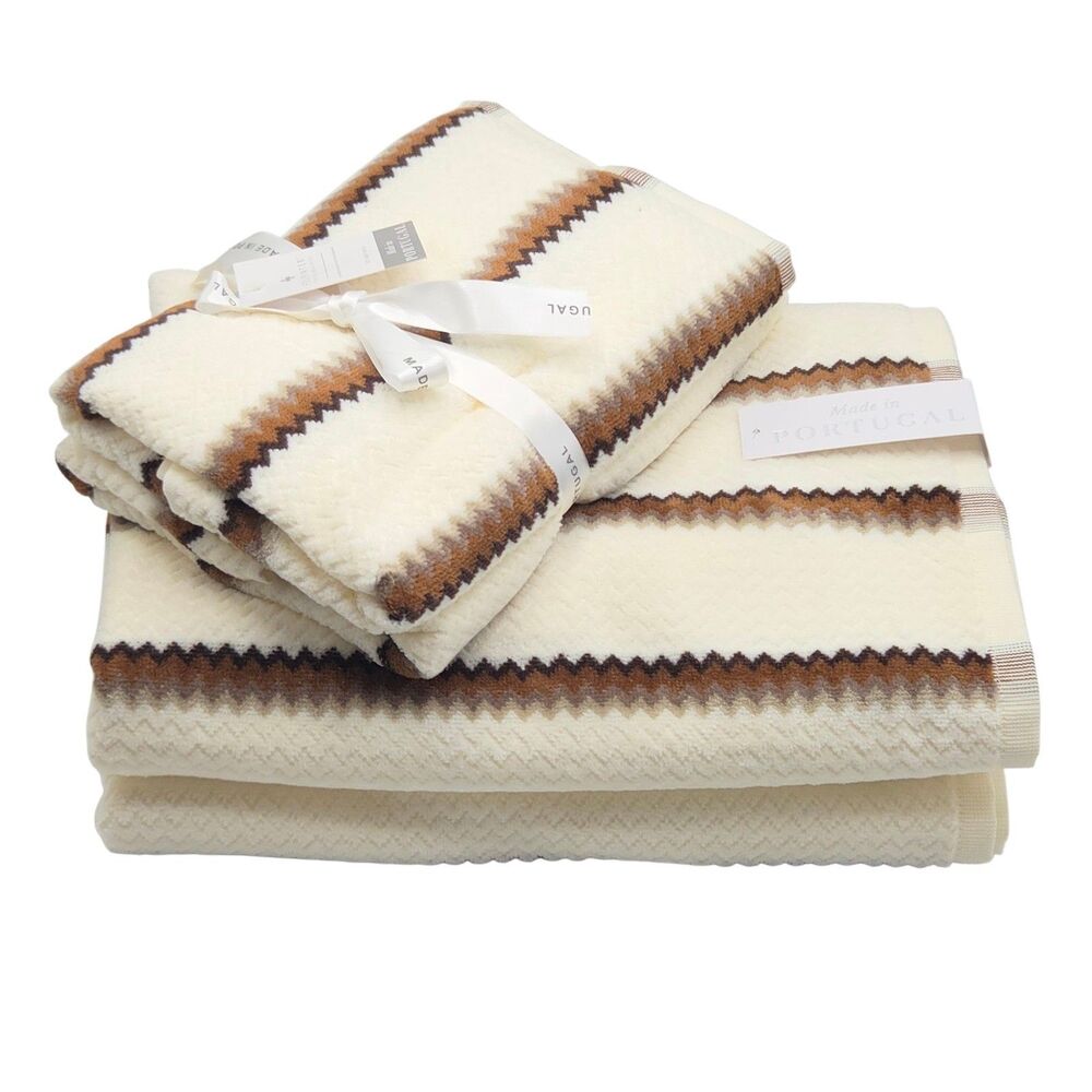 Felpinter 4pc Cotton Bath Hand Towel Set Chevron Stripe Cream Brown Portugal